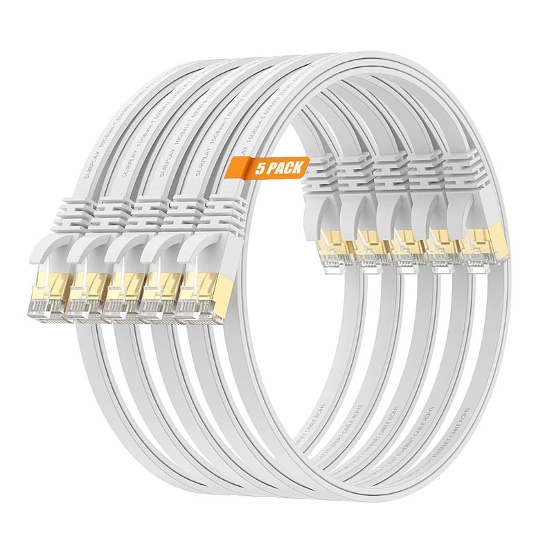 Surplay Cat7 1.5FT-5Pack Ethernet Cable Flat-White-10Gbps Ultra Slim Network Patch Cord,High Speed Gold-Plated RJ45 Double Shielded with Ground Wire & Cable-Tie for Server,Modem,Hub,Router - Image 1